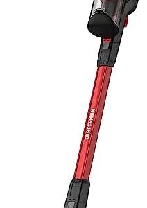 Red cordless stick vacuum cleaner on white background.