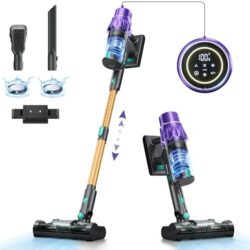 Cordless vacuum cleaner with accessories and digital display.