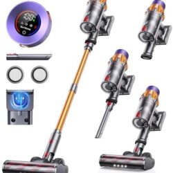 Cordless vacuum with attachments and digital display.