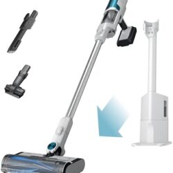 Cordless vacuum cleaner with attachments and charging dock.