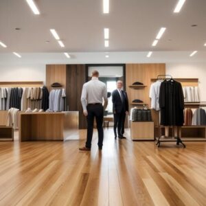 Men in modern clothing store interior