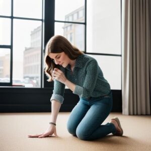 Woman kneeling on carpet in modern room.