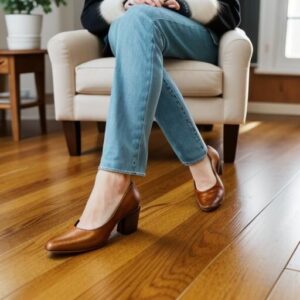 Woman in brown heels and blue jeans