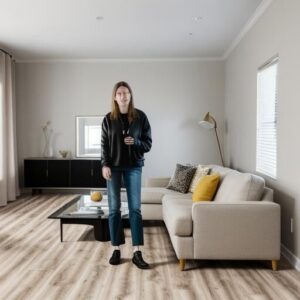 Person standing in modern living room.