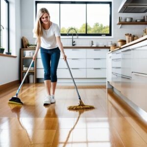 Woman cleaning kitchen floor with brooms.