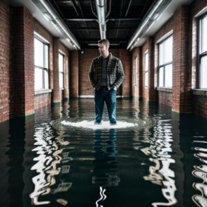 Man standing in flooded industrial building