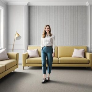 Woman in living room with yellow sofas