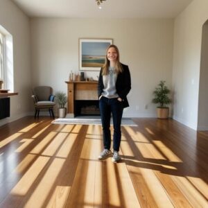 Person standing in sunlit living room.
