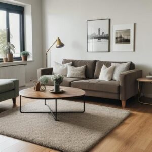 Cozy living room with modern furniture and decor.