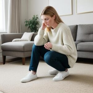 Woman sitting on floor in cozy living room.