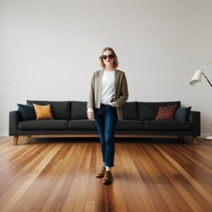 Person in casual outfit standing by modern sofa